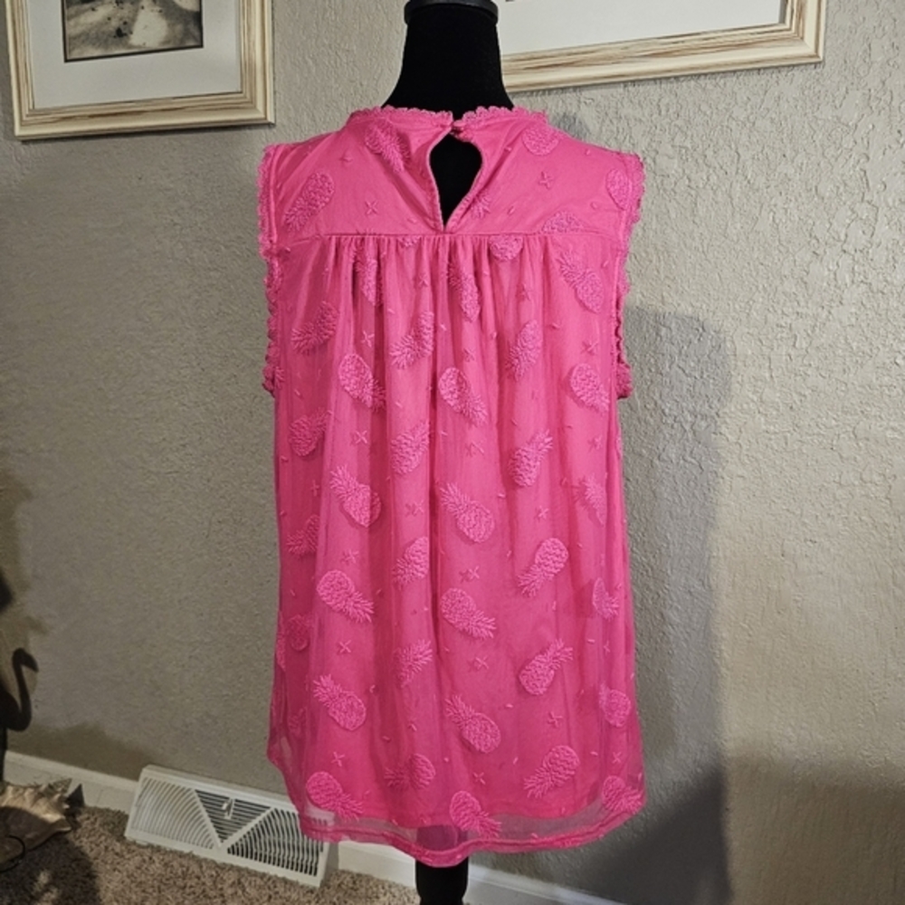 Torrid Hot Pink Pineapple Embroidered Mesh Sleeveless Top Plus Size 0 (Large 12) - Picture 3 of 10